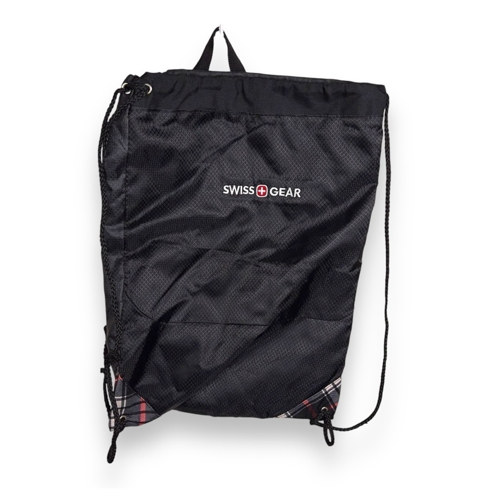 BLACK SWISS GEAR DRAWSTRING BAG PLAID ACCENT TRAVEL MENS PUNK GOTH LIGHTWEIGHT